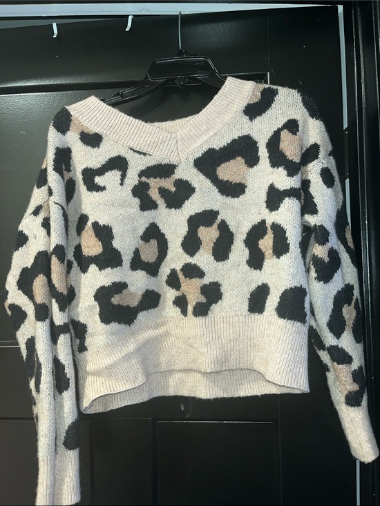 None Sweaters - Leopard Print V-Neck Sweater - Beige and Black